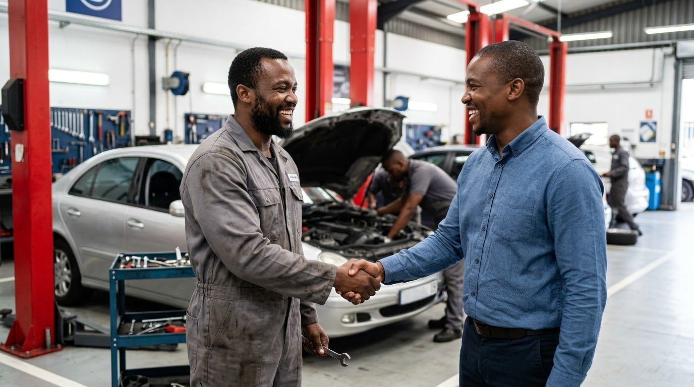 Nationwide Auto Services mechanic shaking hands with a satisfied customer in the workshop